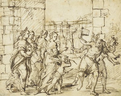 A római Lupercalian fesztivál: Luperci kutyáknak és kecskéknek öltözve találkozik Ámorral és a termékenység megszemélyesítőivel. alkotó: Circle of Adam Elsheimer
