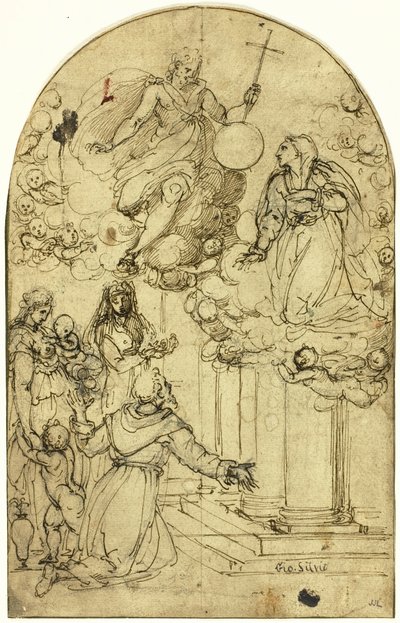 Assisi Szent Ferenc látomása Portiunculában (recto); Díszítés (fordítva) alkotó: Circle of Alessandro Allori