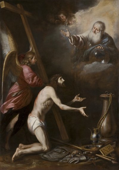 Spanyol: Cristo flagelado arrodillado ante Dios Padre (Megostorozott Krisztus térdel az Atyaisten előtt) alkotó: Circle of Antonio del Castillo y Saavedra