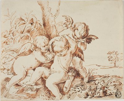 Két putti bekötötte a szemét egy harmadiknak alkotó: Circle of Guido Reni