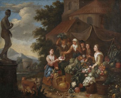 Zöldség- és virágárusítás egy olasz piaci standon. alkotó: Circle of Norbert van Bloemen