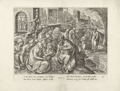 Pál megtéríti a filippi asszonyokat Az Apostolok Cselekedetei (sorozat címe) Acta Apostolorum (sorozat címe) alkotó: Claes Jansz. Visscher (II) (attributed to workshop of)