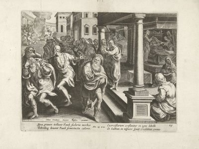 Pál kiűzi a démonokat Efézusban Az Apostolok Cselekedetei (sorozat címe) Acta Apostolorum (sorozat címe) alkotó: Claes Jansz. Visscher (II) (workshop of)