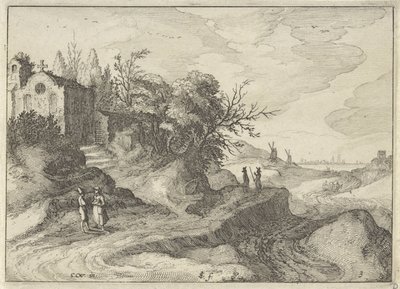 Kápolna kanyargós országúton Holland tájak (sorozat címe) Amaeniores Aliquot Regiunculae (sorozat címe az objektumon) alkotó: Claes Jansz. Visscher (II)