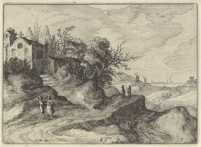 Kápolna kanyargós országúton Holland tájak (sorozat címe) Amaeniores Aliquot Regiunculae (sorozat címe az objektumon) alkotó: Claes Jansz. Visscher (II)