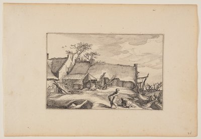Egy parasztház, előtérben kosarat cipelő férfi, a Tájképekből (Verscheyden aerdige Lanthuysen...) alkotó: Claes Jansz. Visscher