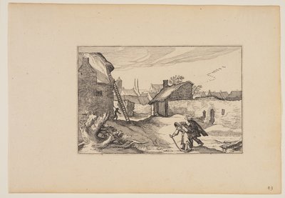 Egy falu, létra áll a bal oldali házzal szemben, a Tájképek (Verscheyden aerdige Lanthuysen...) alkotó: Claes Jansz. Visscher