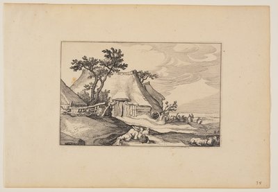 Pajták, pihenő férfi tojásos kosárral az előtérben, a Tájképek (Verscheyden aerdige Lanthuysen...) alkotó: Claes Jansz. Visscher