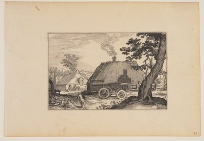 Farmok, középen egy szekér alváza, a Tájképek (Verscheyden aerdige Lanthuysen...) alkotó: Claes Jansz. Visscher
