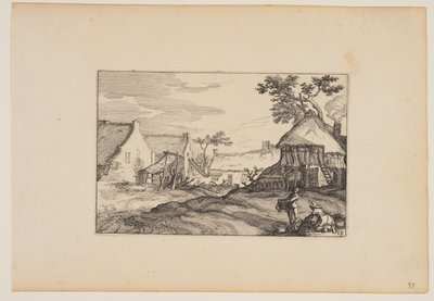 Tanyasi fiatalember és nő az előtérben, a Tájképek (Verscheyden aerdige Lanthuysen...) alkotó: Claes Jansz. Visscher