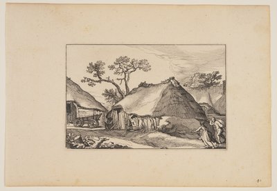 Két pajta, balra szekér, a Tájképek (Verscheyden aerdige Lanthuysen...) alkotó: Claes Jansz. Visscher