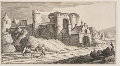 Egy paraszt lóval a városfal melletti úton, a Tájképek (Playsante Lantschappen) című képből. alkotó: Claes Jansz. Visscher II