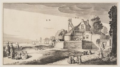 Fehérítő-mező egy folyóparti erőd előtt, a Tájképek (Playsante Lantschappen) című képből alkotó: Claes Jansz. Visscher II