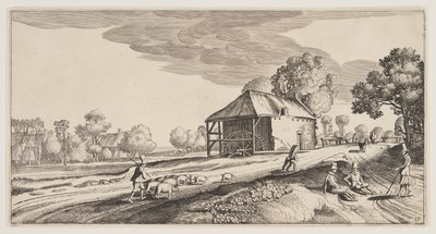 Keresztút egy vízimalom mellett, a Landscapes (Playsante Lantschappen) című képből alkotó: Claes Jansz. Visscher II