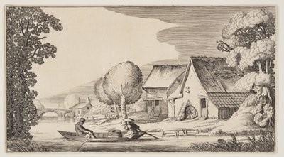 Földműves és földműves nő egy csónakban, a Tájképek (Playsante Lantschappen) című képből. alkotó: Claes Jansz. Visscher II