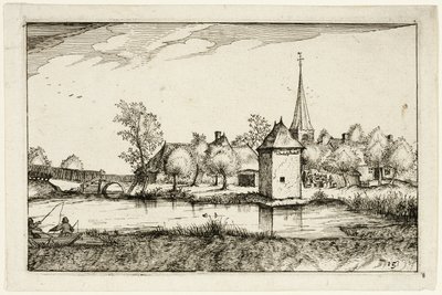 Tó és egy falu, tizenötös tányér tanyák, vidéki házak és falusias falvak képei után (Praediorum villarum et rusticarum casularum icones) alkotó: Claes Jansz. Visscher II