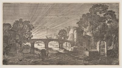 Naplemente egy folyó felett, a Landscapes (Playsante Lantschappen) című filmből. alkotó: Claes Jansz. Visscher II