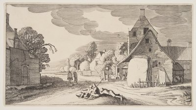Három paraszt pihen egy falu útkereszteződésénél, a Landscapes (Playsante Lantschappen) című képből. alkotó: Claes Jansz. Visscher II