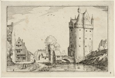 Városkapu, második lemez a Tanyák, vidéki házak és falusias falvak képei (Praediorum villarum et rusticarum casularum icones) után. alkotó: Claes Jansz. Visscher II