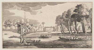 Utazók csónakban közelednek egy falu felé, a Landscapes (Playsante Lantschappen) című képből. alkotó: Claes Jansz. Visscher II