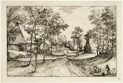 Falusi út, tizennégyes tányér a tanyák, vidéki házak és falusias falvak képei után (Praediorum villarum et rusticarum casularum icones) alkotó: Claes Jansz. Visscher II