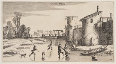Téli táj korcsolyázókkal a városfal mentén, a Landscapes (Playsante Lantschappen) című képből alkotó: Claes Jansz. Visscher II