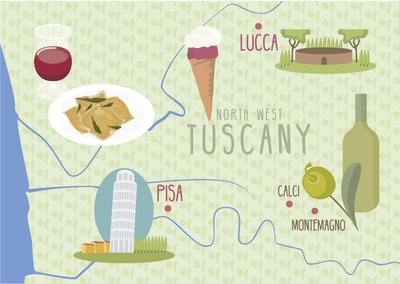 Lucca és Pisa térképe, Toszkána, Olaszország alkotó: Claire Huntley