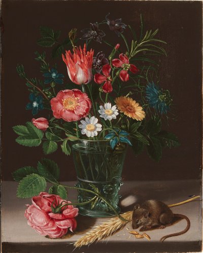 Virágok egy vázában, rágcsáló egérrel. alkotó: Clara Peeters