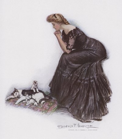 Nő néz egy macskát és a cicáit alkotó: Clarence F. Underwood