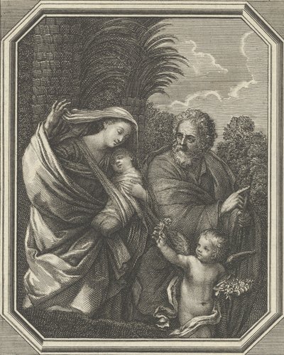 A menekülés Egyiptomba, a szent család a fiatal Keresztelő Jánossal sétálva, tre..., kb. 1720-86. alkotó: Claude Augustin Duflos