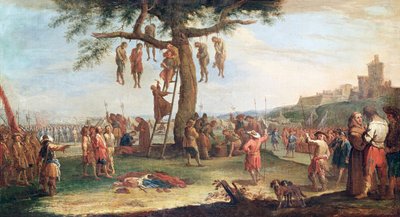 Az akasztás, a "Háborús nyomorúságok és szerencsétlenségek" sorozatból, Jacques Callot (1592-1635) eredeti festménye után. alkotó: Claude Callot