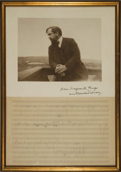 A „King Lear” zenei kéziratos oldala, Emma Debussy által írt portréval, 1904. december (papíron ceruza és fekete-fehér fotó) alkotó: Claude Debussy