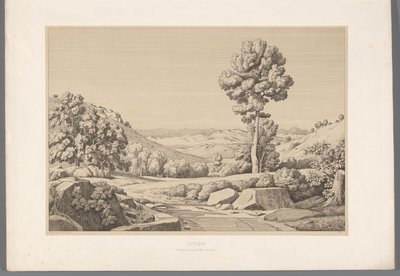 Landschap met weg Attika (cím az objektumon) Kilátások az ókori Görögország leghíresebb helyszíneiről (...) (sorozat címe) alkotó: Claude Félix Théodore Caruelle d