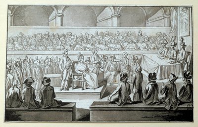 Marie Antoinette francia királynő a Forradalmi Törvényszék előtt: 1793.10.14., 15., 16. nap Az ügyében védekező ügyvéd Claude Francois Chauveau-Lagarde (1756-1841). Rajz fekete tintával Dim. 0,097x0,15 m. Párizs, Louvre Múzeum alkotó: Claude Francois Chauveau Lagarde
