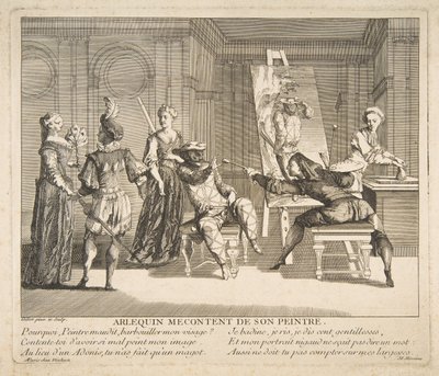 Harlekin elégedetlen festőjével.n.d. Alkotók: Claude Gillot, Jacques Gabriel Huquier. alkotó: Claude Gillot, Jacques Gabriel Huquier