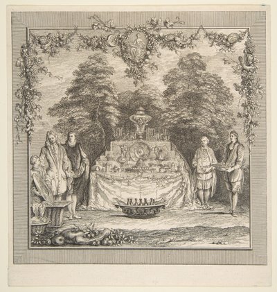 Kertben elkészített uzsonna.n.d. Alkotók: Claude Gillot, Jacques Gabriel Huquier. alkotó: Claude Gillot, Jacques Gabriel Huquier