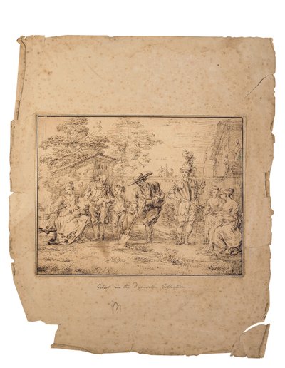 Les quatre âges de la vie: Hét figura a kertben, az egyik ásóval ás (toll és barna tinta) alkotó: Claude Gillot