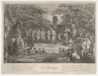 A házasság Le Mariage: az erdőben egy idős szatír feleségül veszi a jegyeseket cen..., kb. 1700-1720. alkotó: Claude Gillot