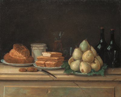 Körte és kenyér tányérokon, üveg borral és pohárral a kőpárkányon (olaj, vászon) alkotó: Claude Joseph Fraichot