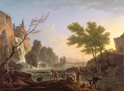 Halász a tájon vízeséssel és híddal alkotó: Claude Joseph Vernet