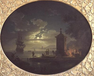 Éjszaka: Holdfényes tengerparti táj Fisherfolk-kal egy rakparti tűz mellett, túl a Háború emberével alkotó: Claude Joseph Vernet
