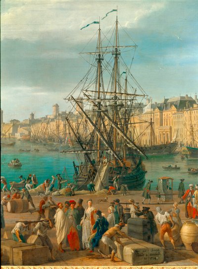 Marseille kikötője a 18. században Árukirakodást ábrázoló részlet. Joseph Vernet (1714-1789) festménye 18. századi Párizs. Tengerészeti Múzeum alkotó: Claude Joseph Vernet
