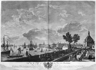 Bordeaux városának és kikötőjének kilátása a Chateau Trompette-ből, a "Les Ports de France" sorozatból, fiatalabb Charles Nicolas Cochin metszetével alkotó: Claude Joseph Vernet