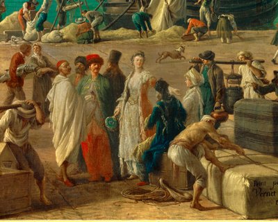 részlete: Marseille kikötője a 18. században”” Árukirakodást ábrázoló részlet. Joseph Vernet (1714-1789) festménye 18. századi Párizs. Tengerészeti Múzeum alkotó: Claude Joseph Vernet