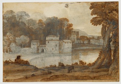 Hirte am Ufer eines Sees nahe einer befestigten Mühle von Claude Lorrain (1600-82)