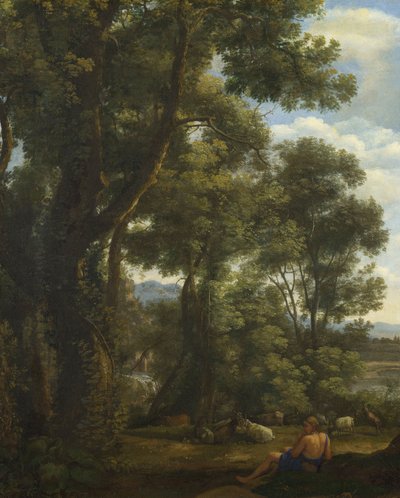 "Táj kecskepásztorral és kecskékkel" (Táj kecskepásztorral és kecskékkel) Claude Lorrain (1600-1682) festménye 1637 körül Olaj, vászon Mérete 52x42 cm National Gallery, London alkotó: Claude Lorrain