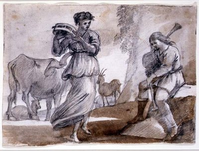Vidéki tánc (fekete-piros kréta és mosás papíron) alkotó: Claude Lorrain