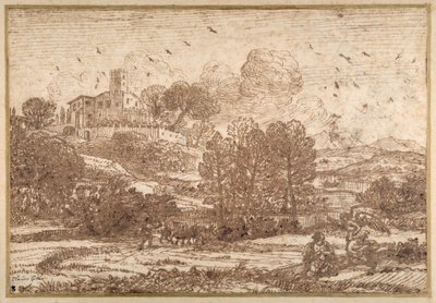 Hágár és az angyal (toll és barna tinta papíron) alkotó: Claude Lorrain