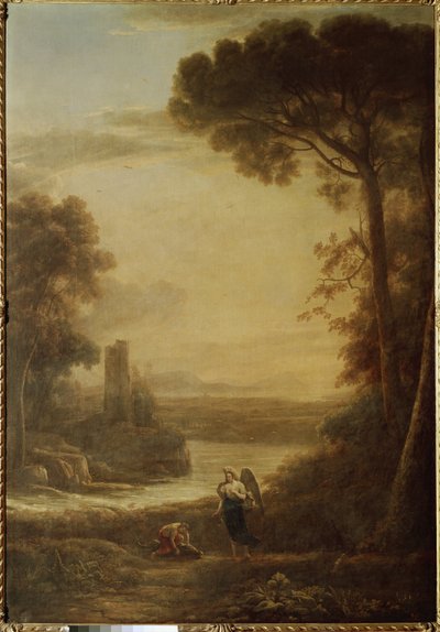 Tájkép Tobie-val (Tobit) és Raphael arkangyallal (1639, olaj, vászon) alkotó: Claude Lorrain