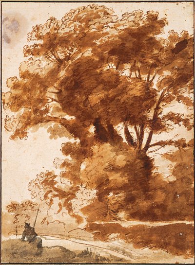 ""Fák csoportja és pihenő pásztor"" (Group Of Trees And Resting Sheperd) Rajz: Claude Lorrain (1600-1682) 1630 körül Méret: 28,3x20,7 cm Albertina, Vienne alkotó: Claude Lorrain